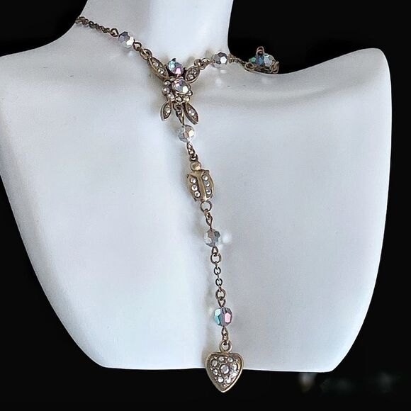Vintage Kirk’s Folly AB Crystal floral heart pendant necklace 14” +2” extension - Picture 3 of 9